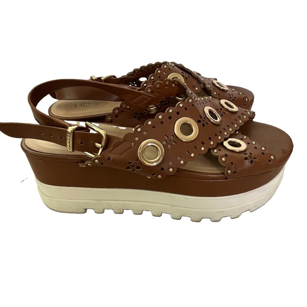 Liu Jo Platform Slingback Sandals 37 or US 7 Crisscross Straps Grommets Brown
